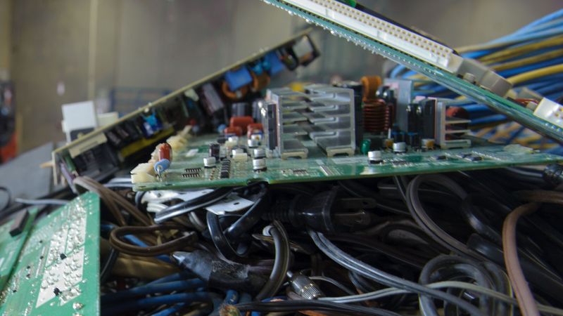 A box of old circuit boards and power cables waiting to be recycled
